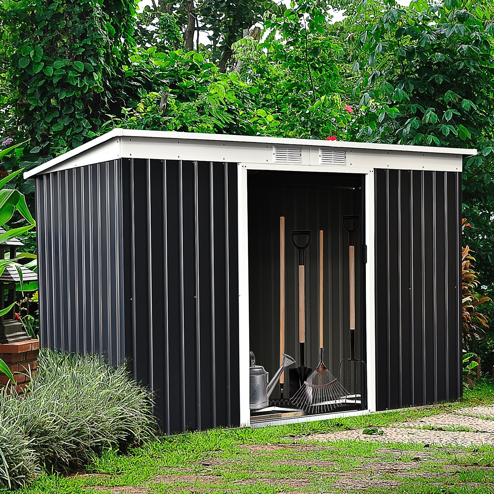9ft x 4ft Metal Garden Shed, Outdoor Tool House with Foundation Kit, Ventilations and Double Doors, Dark Grey