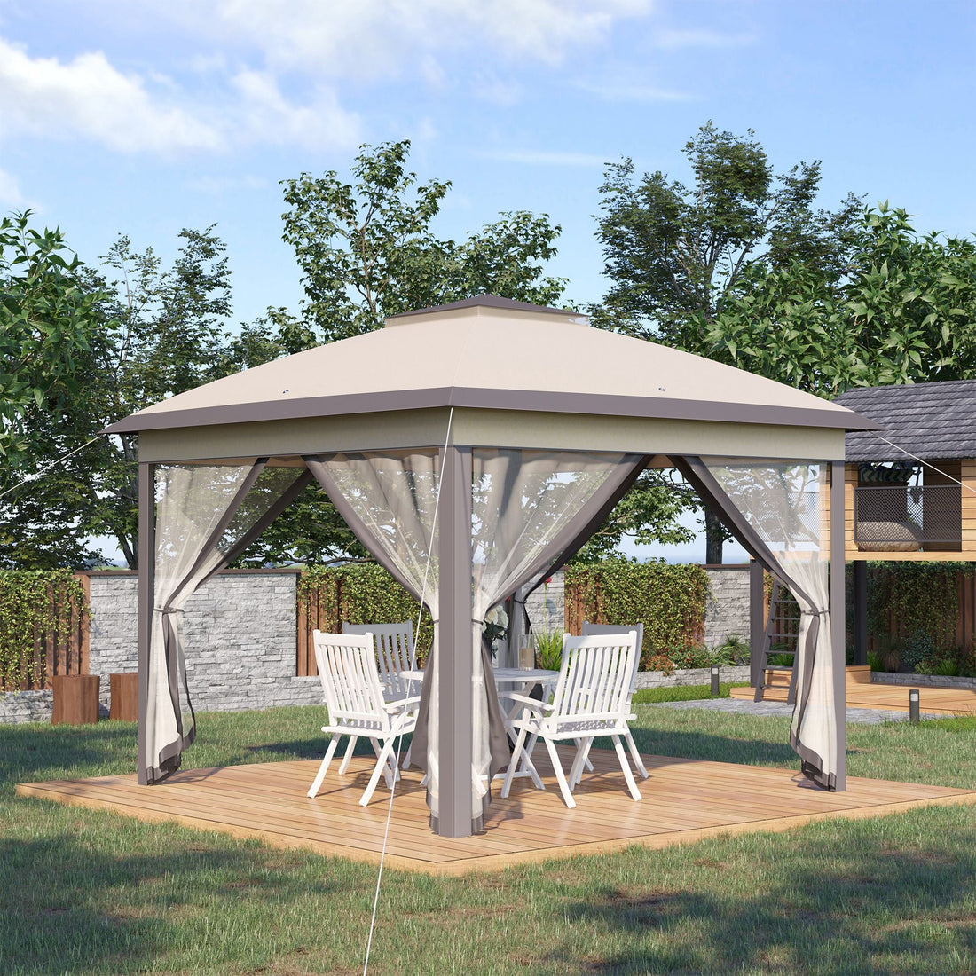 3.3 x 3.3m Pop Up Gazebo, Double Roof Foldable Canopy Tent with Zipped Mesh Sidewalls, Height Adjustable and Carrying Bag, Event Tent for Patio Garden, Beige