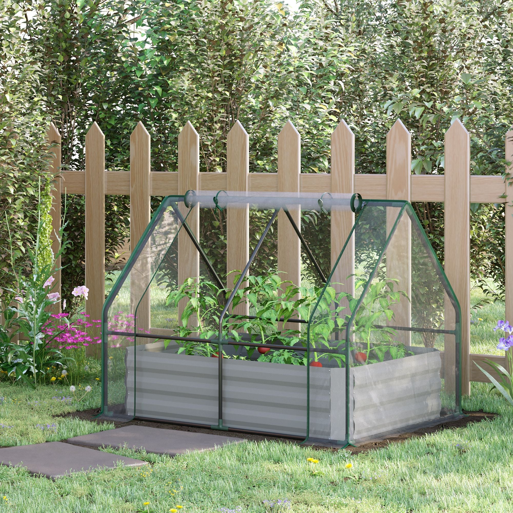 Raised Garden Bed with Greenhouse, Steel Planter Box with Plastic Cover, Roll Up Window, Dual Use for Flowers, Vegetables, Fruits and Herbs, 127L x 95W x 92H cm, Clear