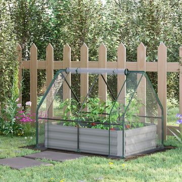 Raised Garden Bed with Greenhouse, Steel Planter Box with Plastic Cover, Roll Up Window, Dual Use for Flowers, Vegetables, Fruits and Herbs, 127L x 95W x 92H cm, Clear