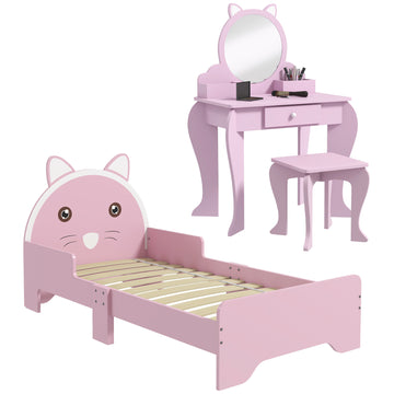 Wooden Kids Bedroom Furniture Set with Kids Dressing Table, Stool, Bed, for 3-6 Years, Cat-Design
