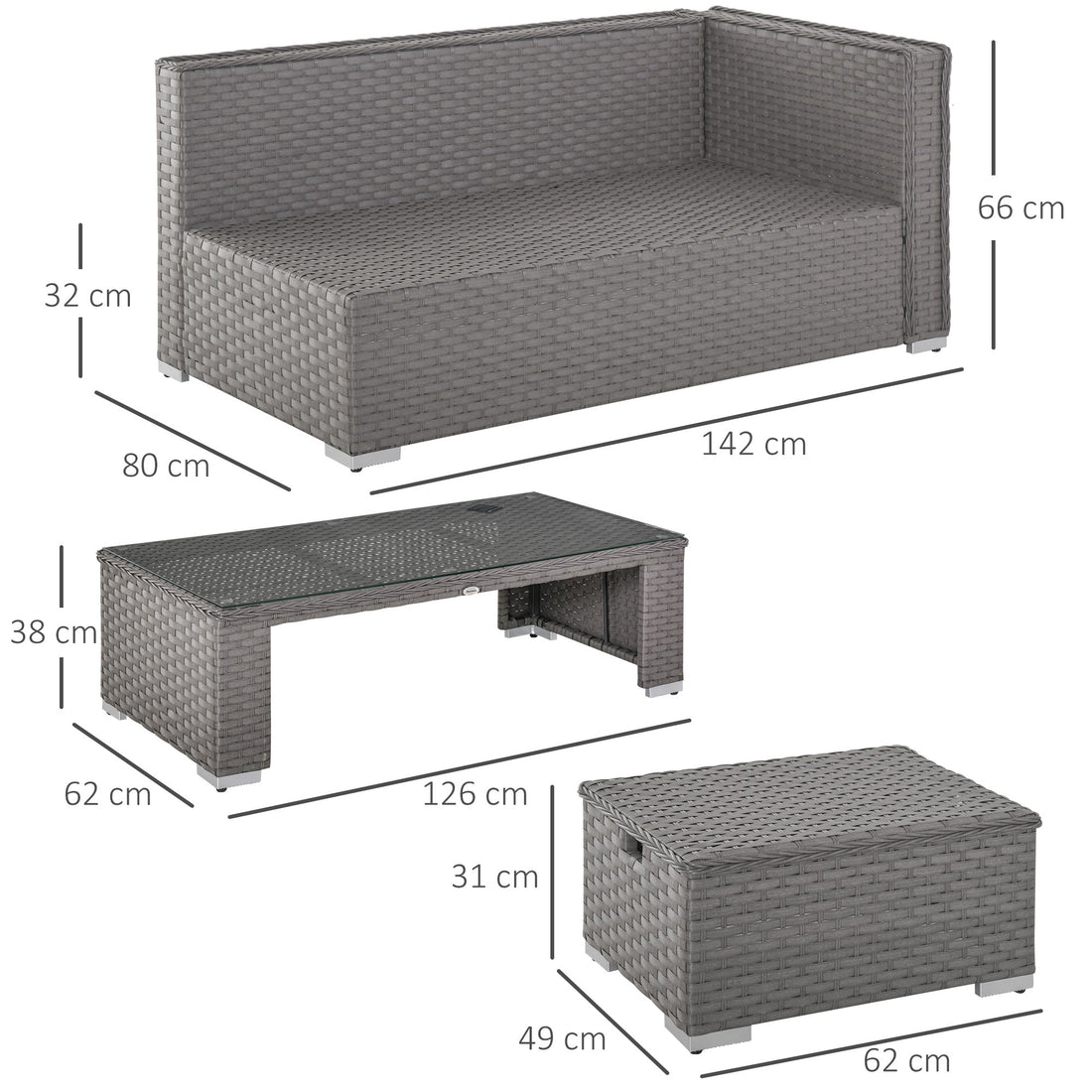 6 Pieces Outdoor PE Rattan Wicker Corner Sofa Set with 10cm Thick Padded Cushions, Aluminium Conservatory Furniture with Glass Top Coffee Table, Footstools, Grey