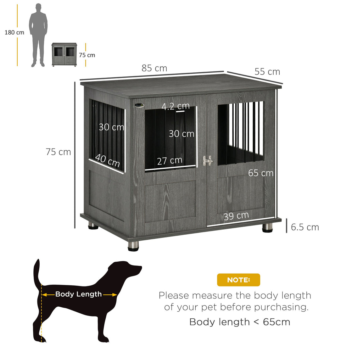 Dog Crate Table for Medium and Large Dogs with Magnetic Door for Indoor Use, 85 x 55 x 75 cm, Grey