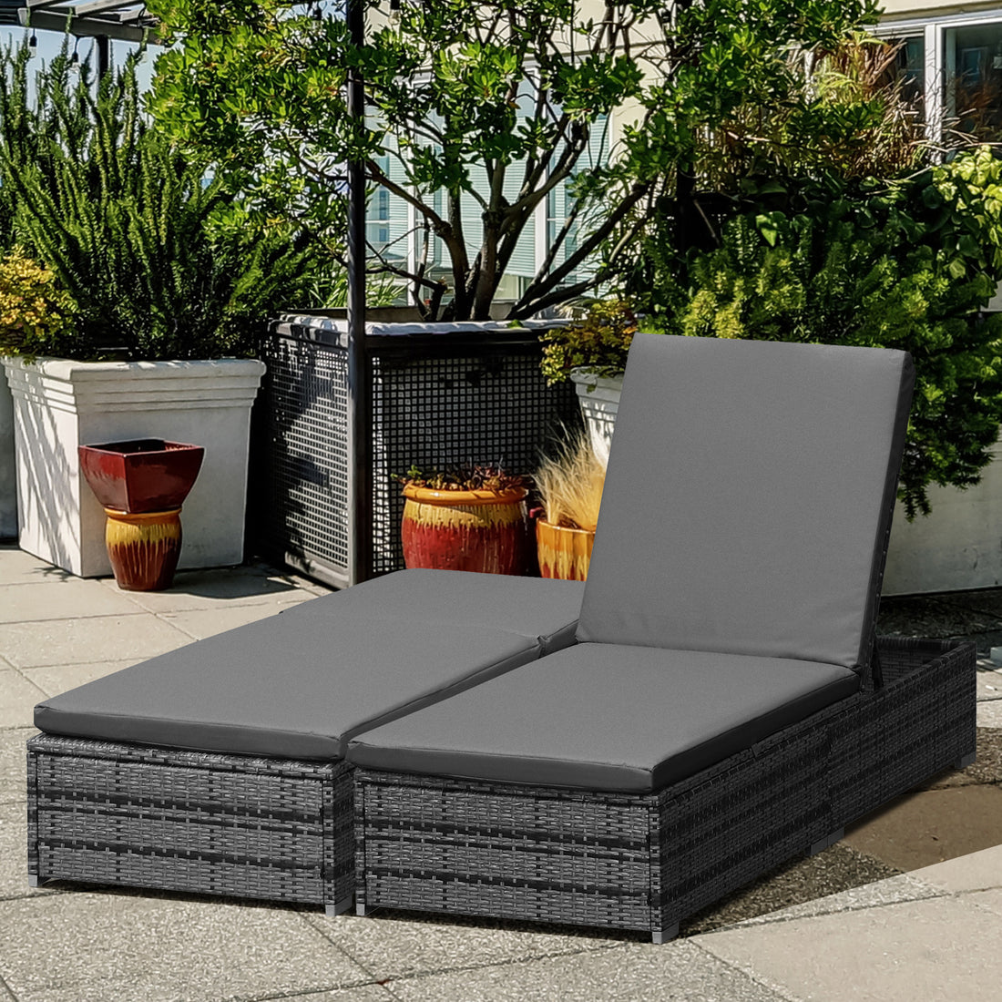 PE Rattan Sun Loungers with Cushion, Outdoor Garden Sunbed Furniture with 5-Level Recliner Backrest, and Armrest, Set of 2, Grey