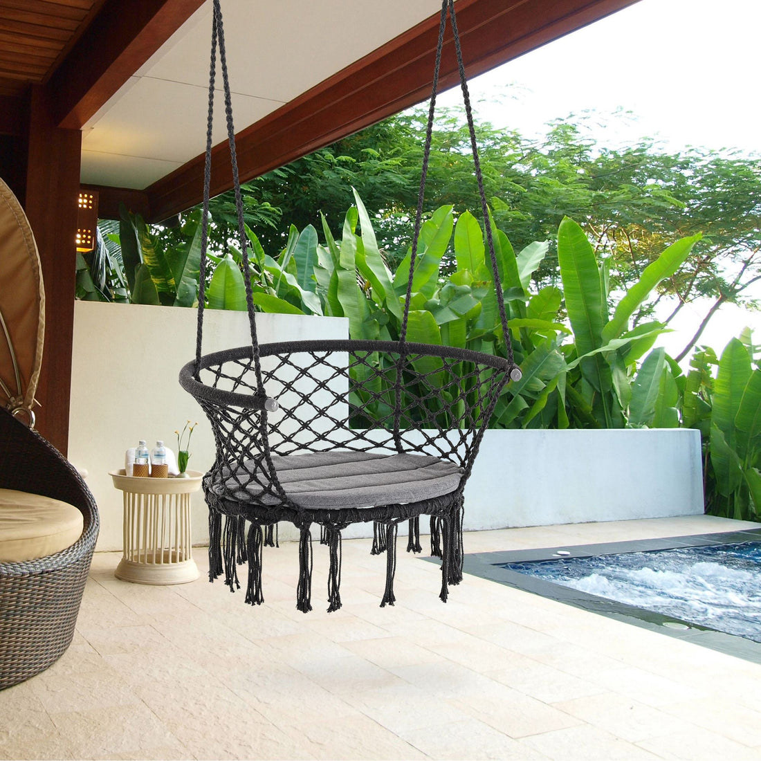 Outdoor Hanging Rope Chair with Cotton Rope, Cotton-Polyester Blend Macrame Garden Hammock Chair with Seat Cushion, Support Backrest, for Patio, Garden, Porch, Dark Grey