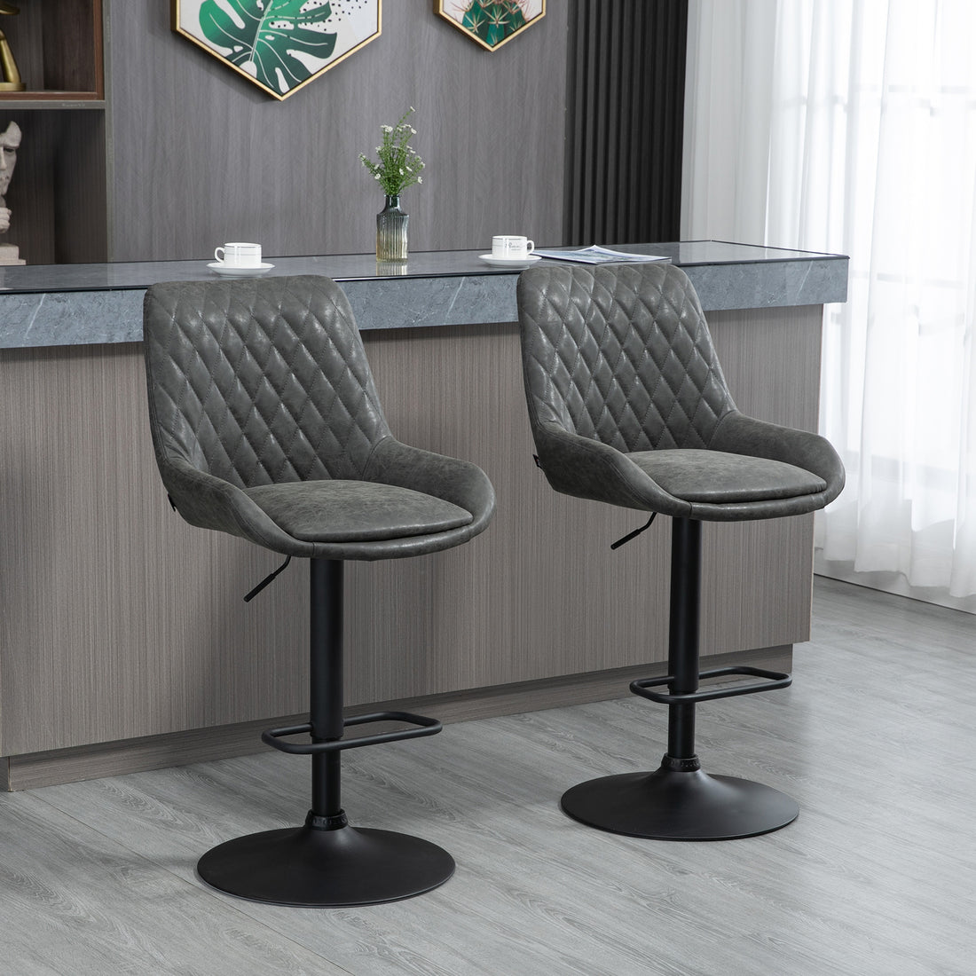 Grey Bar Stools Set of 2, Upholstered Retro Bar and Kitchen Chairs with Back, Swivel Seat, PU Leather