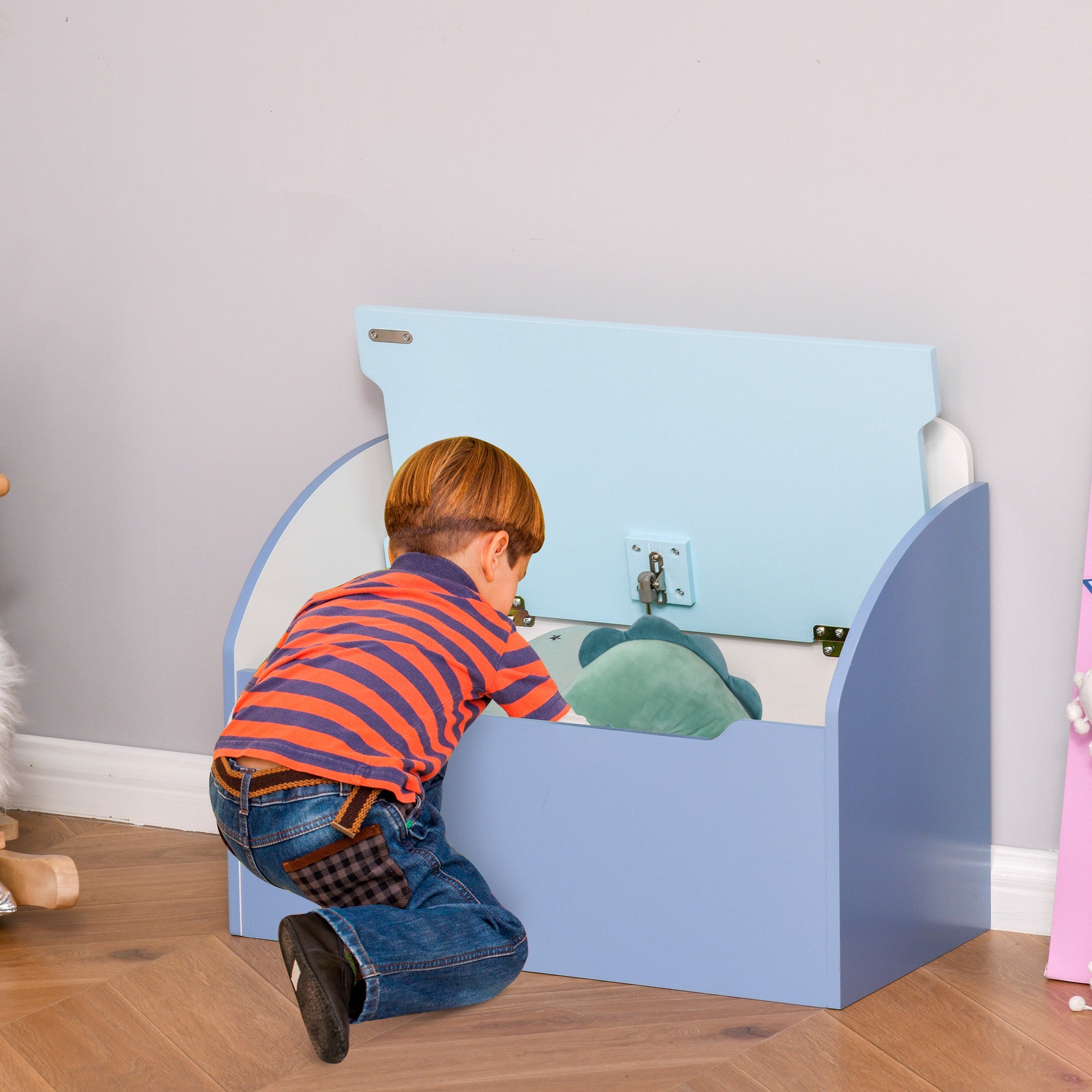 Kids Wooden Toy Box Children Storage Chest Bench Organiser Safety Hinge Bedroom Playroom Furniture Blue