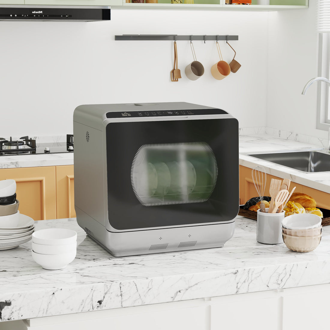 Table Top Dishwasher, Mini Countertop Dishwasher with Built-in 6L Water Tank, 6 Programs, Touch Control, LED Display, 4 Place Settings, Dual Water Supply and Fruit Wash Mode, Silver Tone
