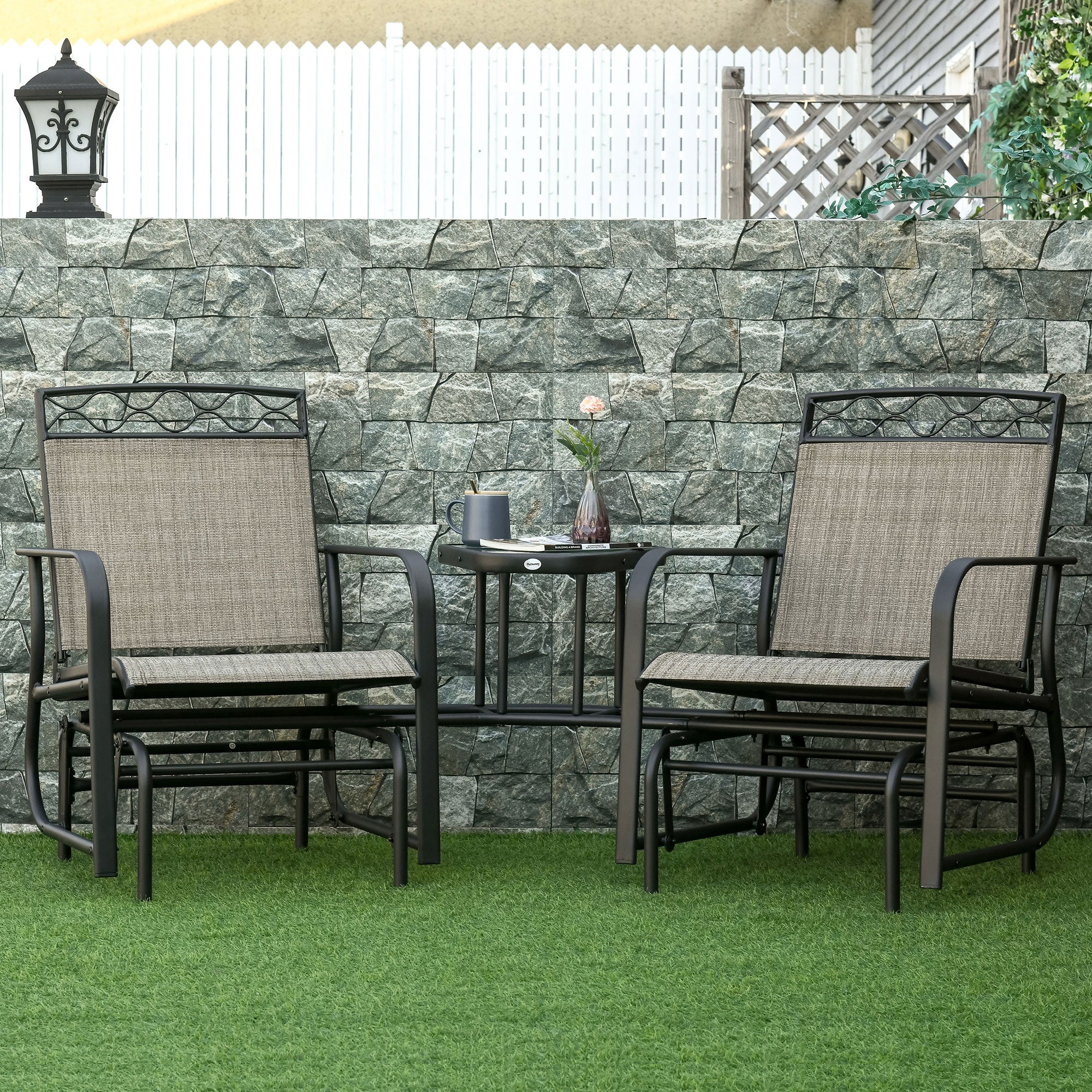 Double Outdoor Glider Chair, 2 Seater Patio Rocking Chairs, Swing Bench with Tempered Glass Table, Breathable Mesh Fabric for Backyard, Garden, Porch, Brown