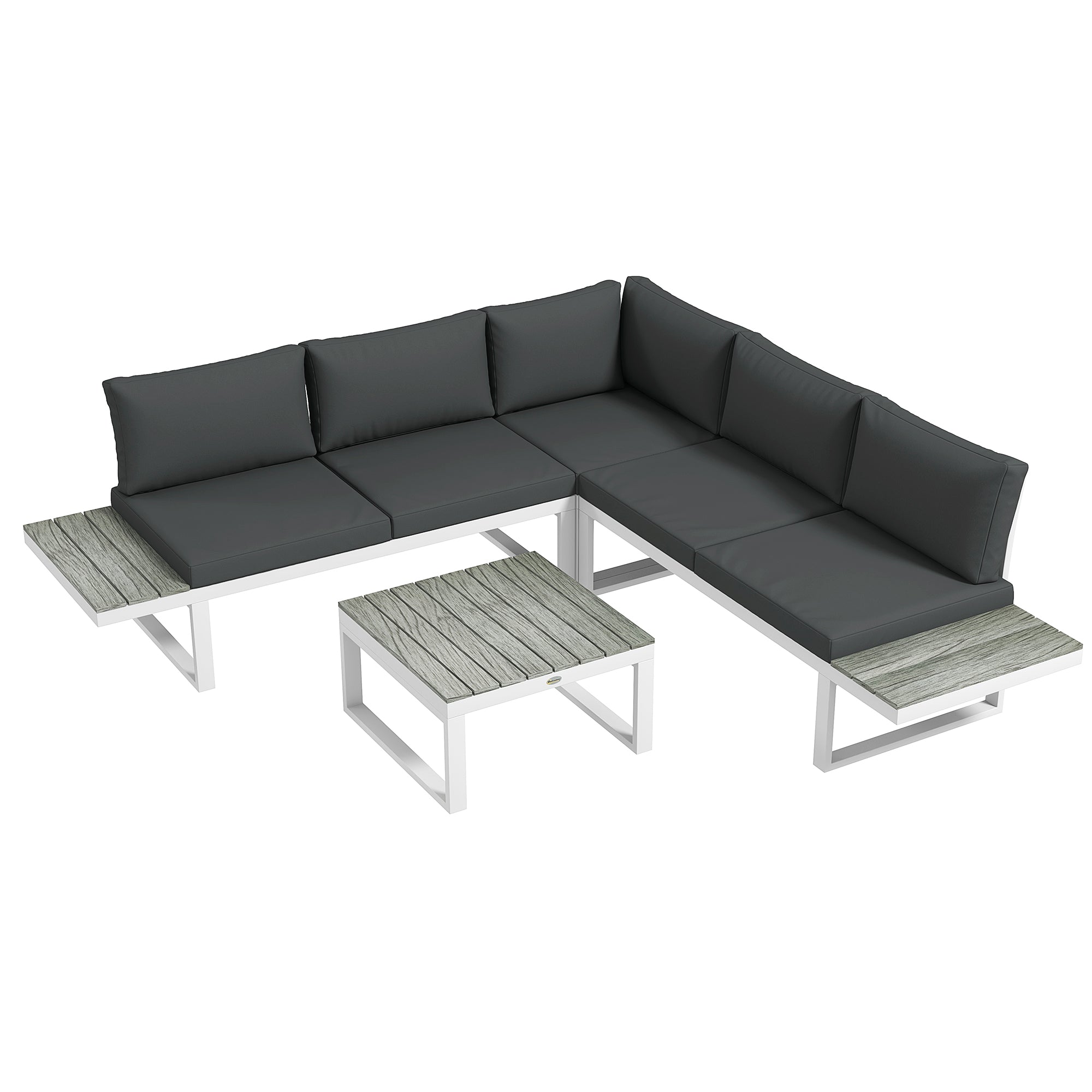 4 Pieces Garden Furniture Set, 5-Level Reclining Garden Corner Sofa Set, Outdoor Lounge Conversation Sectional with Cushions, Wood Effect Plastic Table, White Frame & Grey Cushion