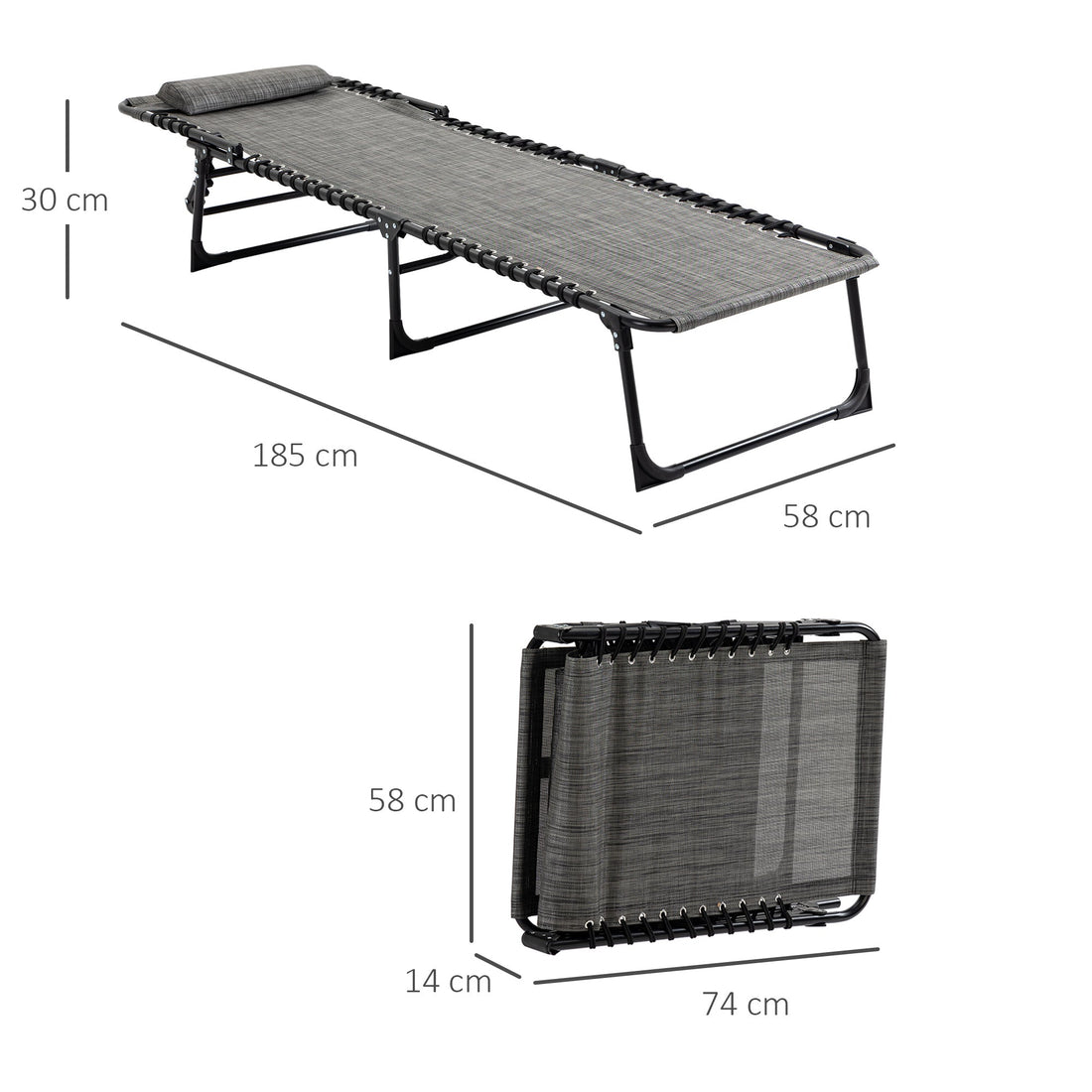 Portable Sun Lounger, Folding Camping Bed Cot, Reclining Lounge Chair 5-position Adjustable Backrest with Side Pocket, Pillow for Patio Garden Beach Pool, Mixed Grey