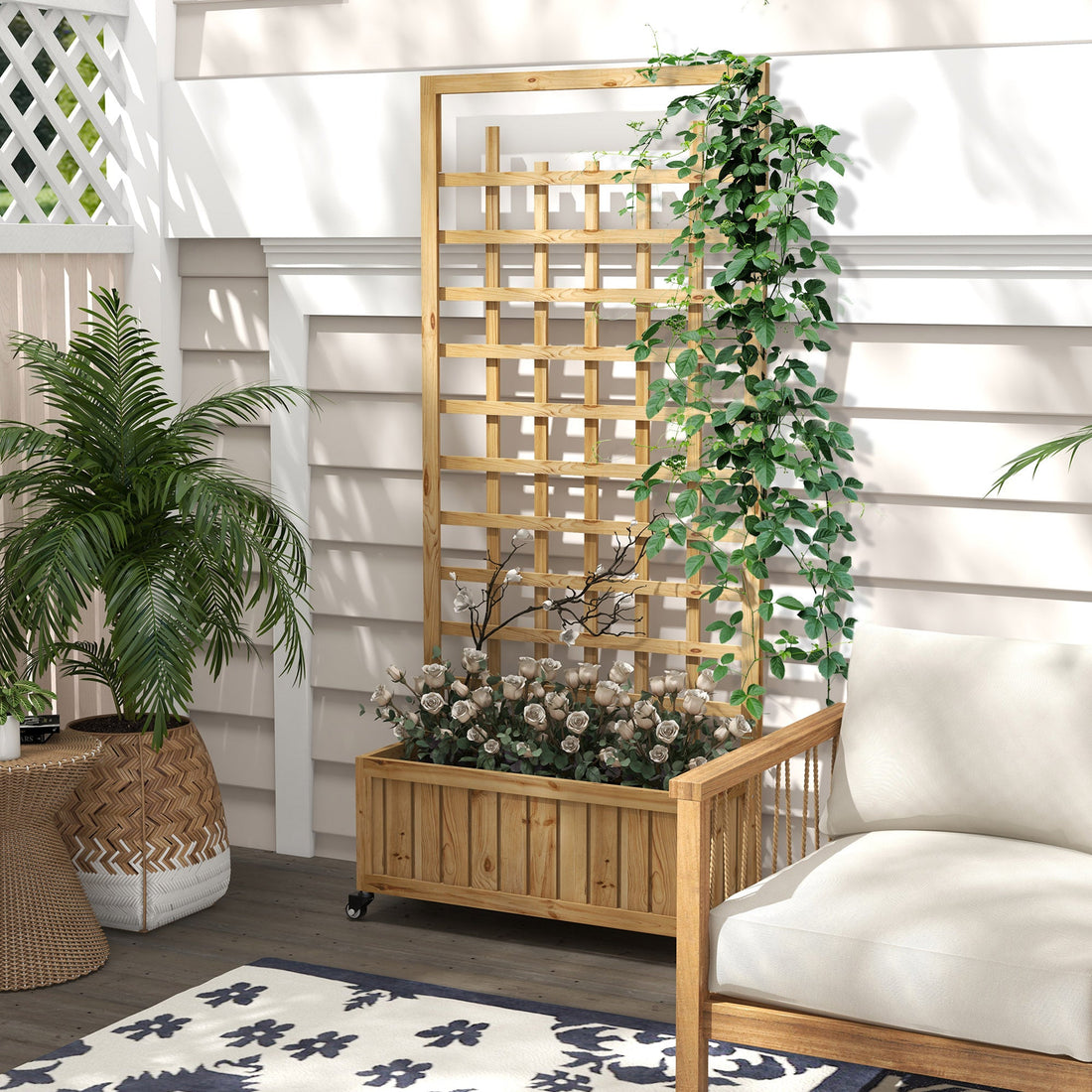 Wooden Trellis Planter, Raised Garden Bed with Wheels, to Climb and Grow Vegetables, Herbs and Flowers, Natural