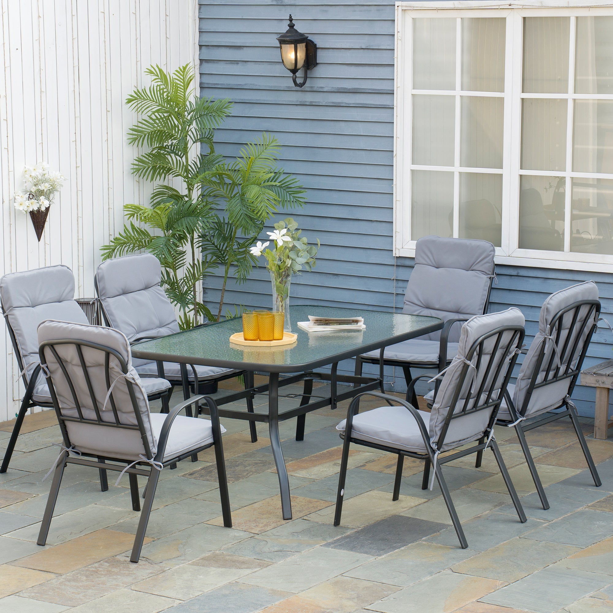 Seven-Piece Garden Dining Set with Cushions - Grey
