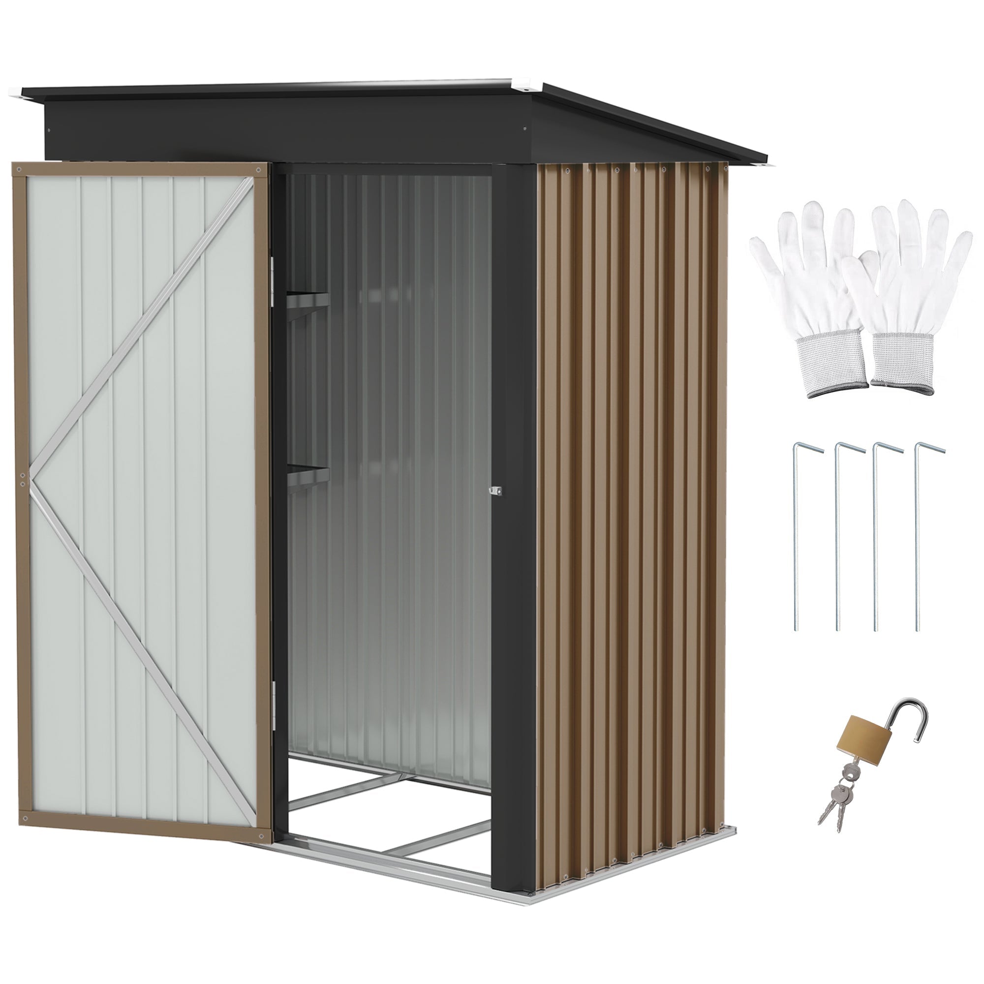 5 x 3ft Corrugated Steel Storage Shed, with Lock - Brown