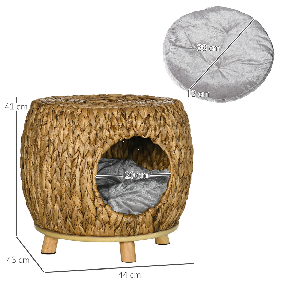 Wicker Cat Bed Cat House Stool with Washable Cushion, 44 x 43 x 41cm
