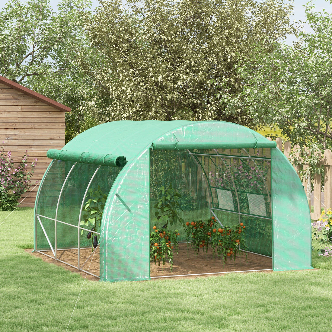 Polytunnel Greenhouse Walk-in Grow House Tent with Roll-up Sidewalls, Zipped Door and 6 Windows, 3x3x2m Green