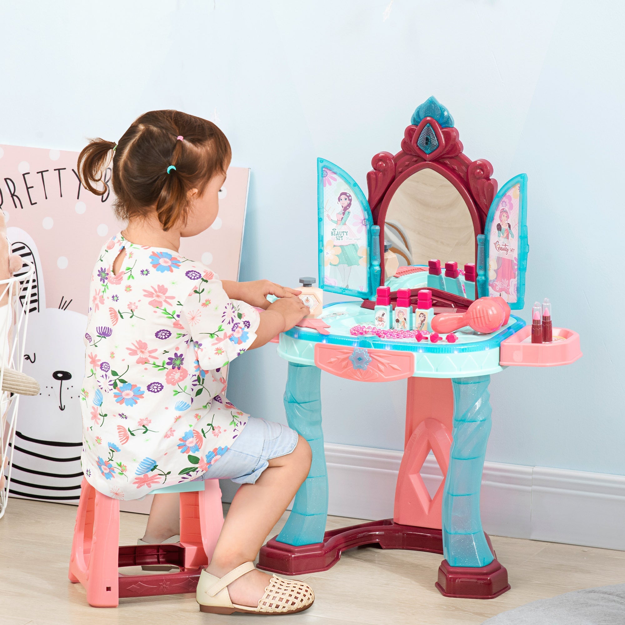 31 Piece Kids Dressing Playset, with Magical Princess Mirror, Light and Sound - Pink and Blue