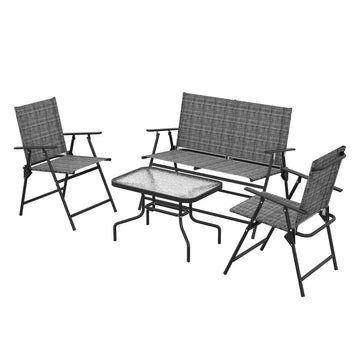 Outdoor 4 Pieces Patio Furniture Set with Breathable Mesh Fabric Seat & Backrest, Garden Set with Two Foldable Armchairs, a Loveseat & Glass Top Table, Mixed Grey