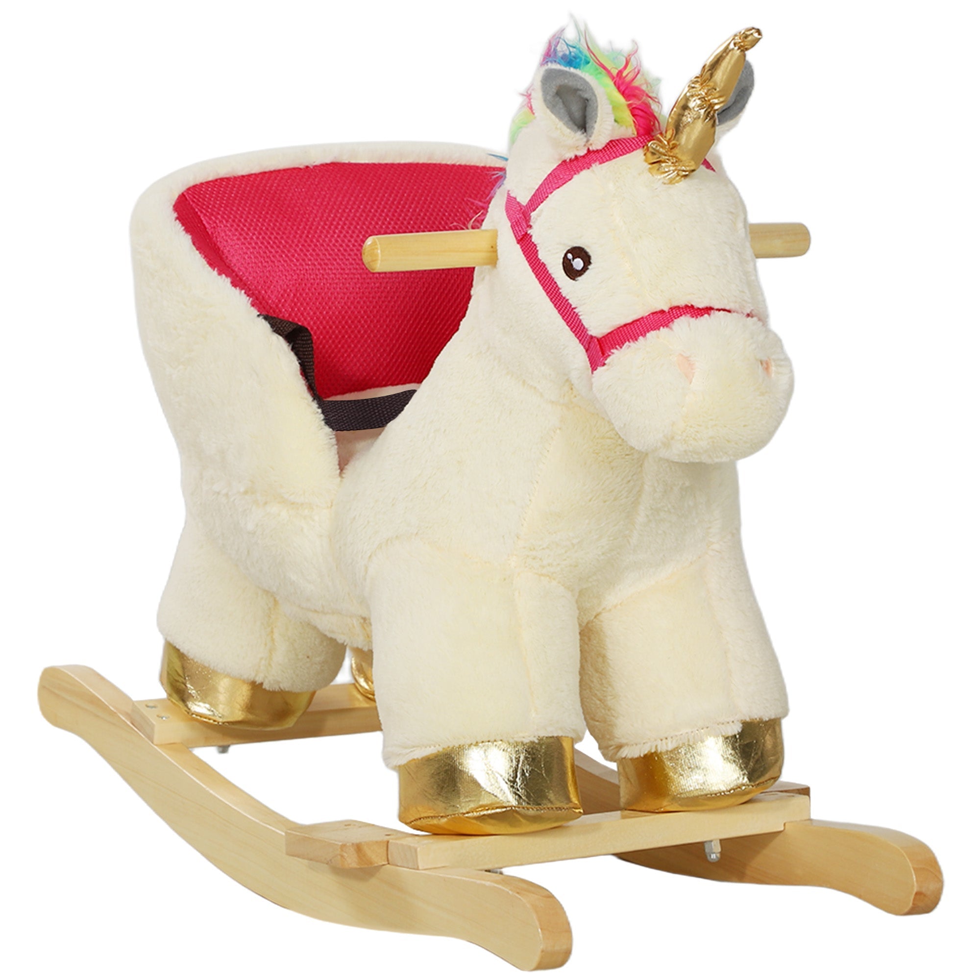 Kids Rocking Horse with Realistic Sounds, Safety Belt, Wooden Base, for Ages 18-36 Months, Cream White