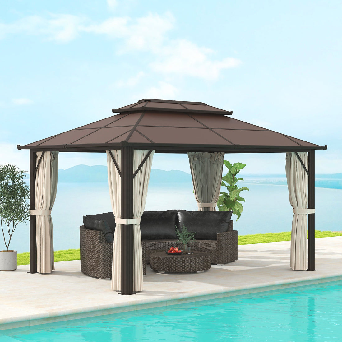 3 x 4m Hardtop Gazebo Canopy with UPF30+ Double Polycarbonate Roof, Aluminium Frame Garden Gazebo Permanent Pavilion with Mosquito Netting and Curtains for Patio, Deck, Beige