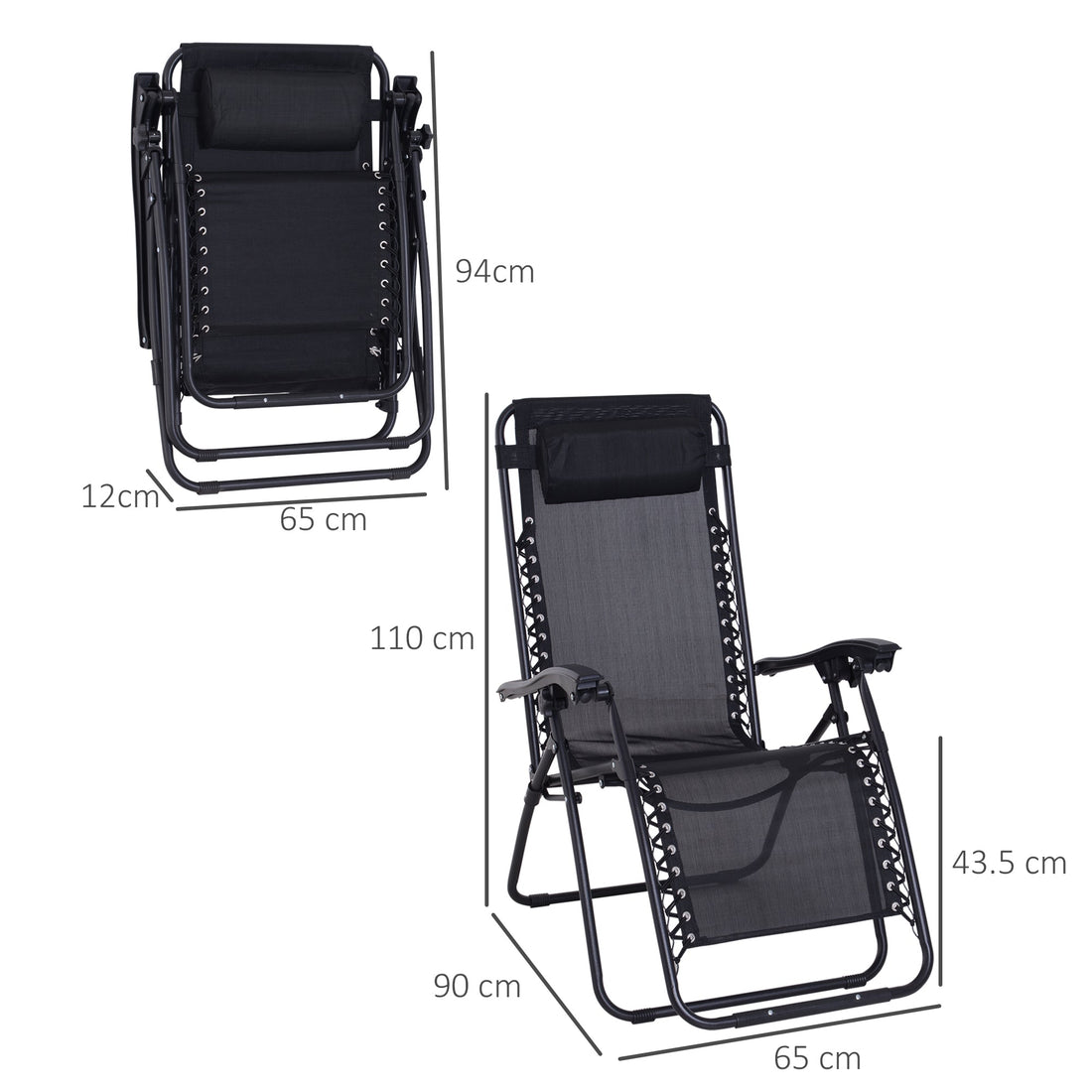 Zero Gravity Chair Metal Frame Texteline Armchair Outdoor Folding and Reclining Sun Lounger with Head Pillow for Patio Decking Gardens Camping, Black