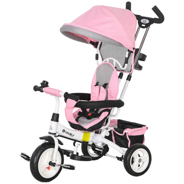 6 in 1 Kids Trike Push Bike w/ Push Handle, Canopy, 5-point Safety Belt, Storage, Footrest, Brake, for 1-5 Years, Pink
