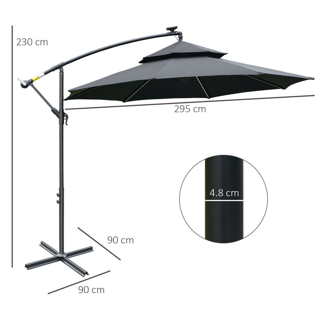 3(m) Cantilever Banana Parasol Hanging Umbrella with LED Solar lights, Crank, 8 Sturdy Ribs and Cross Base for Outdoor, Garden, Patio, Black