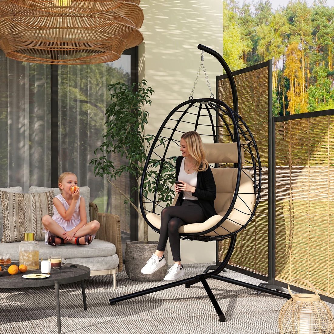 Hanging Egg Chair Outdoor Indoor Garden Swing Chair with Folding Basket, Thickened Cushion, Garden Hanging Chair with Stand, Headrest for Patio, Balcony, Khaki