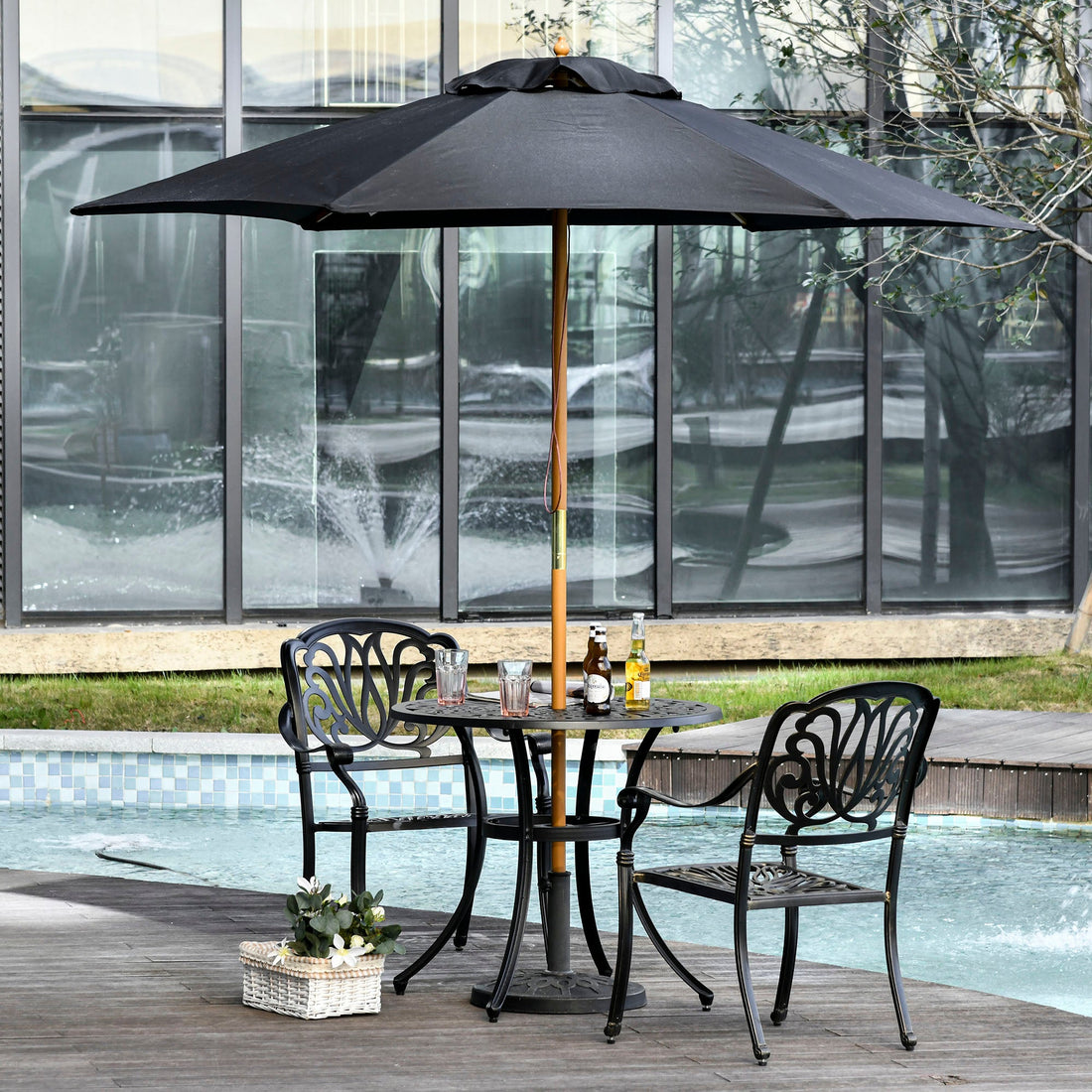 Wooden Garden Umbrella Sun Shade with Top Vents, Bamboo Ribs and Sturdy Wood Pole, Black