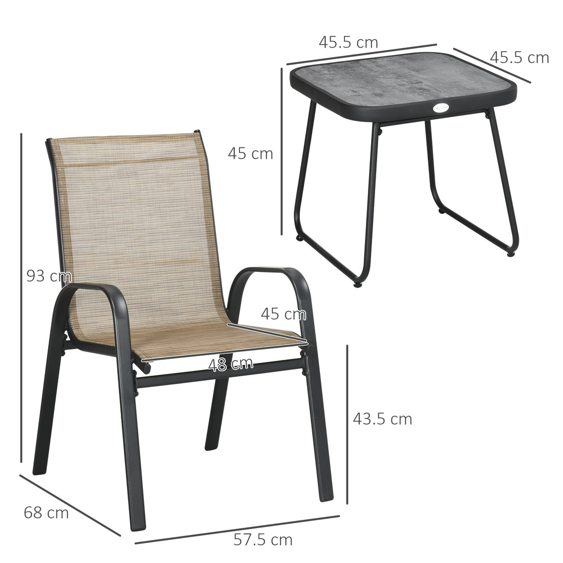 3 Pieces Outdoor Bistro Set, Patio Stackable Armchairs with Breathable Mesh Fabric and SPC Board Coffee Table, Brown