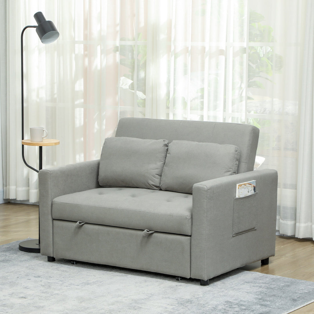 Velvet-Feel Two-Seater Sofa Bed - Light Grey