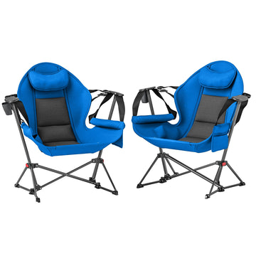 Hammock Camping Chair Set of 2, Adjustable Back Swinging Camping Chair Portable Swinging Chair with Cup Holder, Headrest, Padded Seat and Carry Bag for Travel Fishing Hiking, Blue