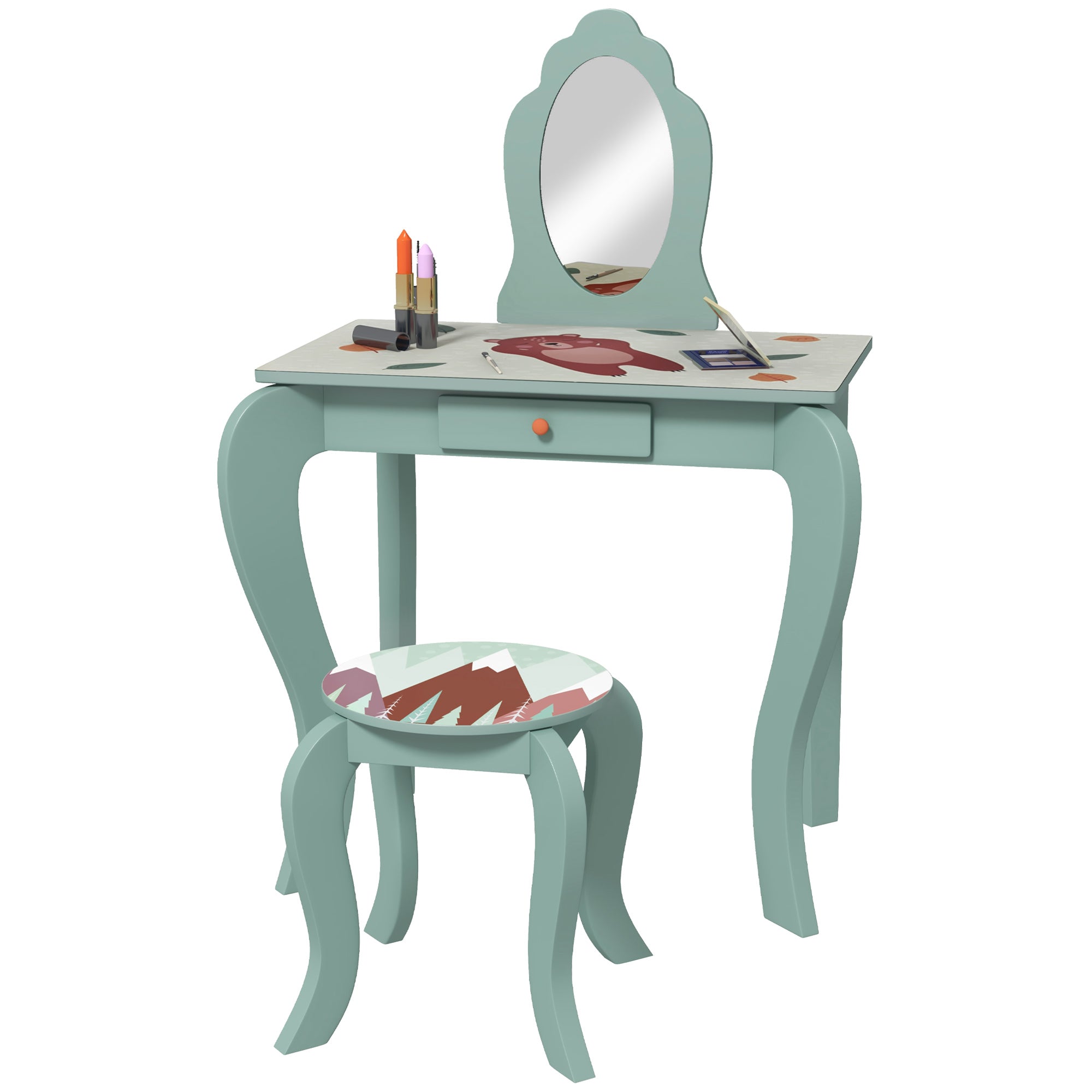 ZONEKIZ Kids Dressing Table with Mirror Stool Drawer Cute Animal Design Green