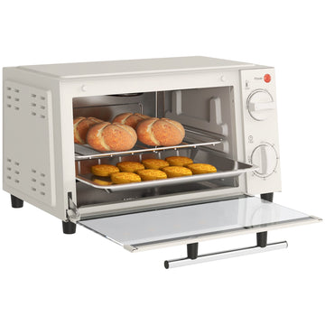 Mini Oven, 9L Countertop Electric Grill, Toaster Oven with Adjustable Temperature, Timer, Dishwasher Safe Baking Tray and Wire Rack, 750W, Cream