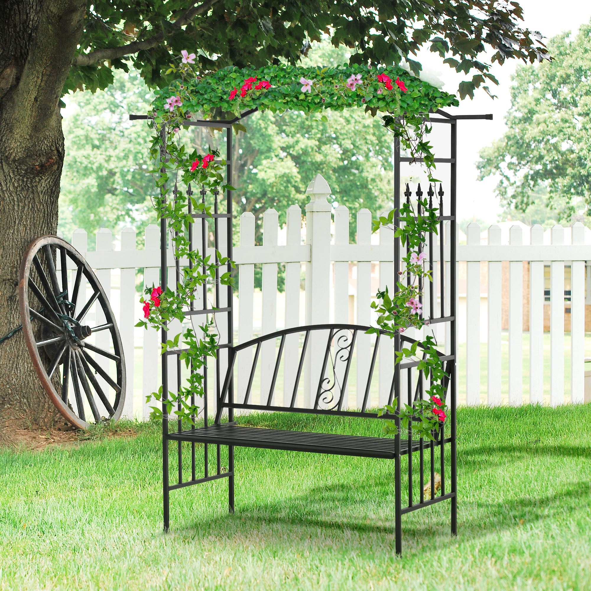 Steel Frame Outdoor Garden Arch w/ 2-Seater Bench Black