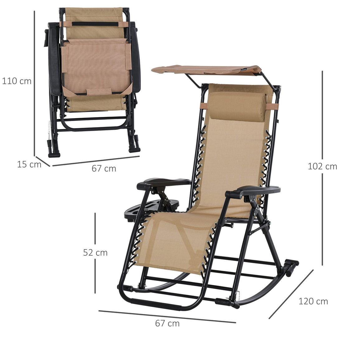Garden Rocking Chair Folding Recliner Outdoor Adjustable Sun Lounger Rocker Zero-Gravity Seat with Headrest Side Holder Patio Deck - Beige