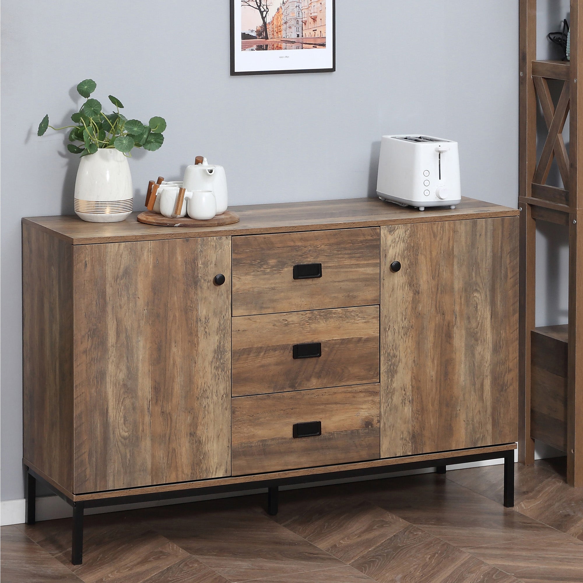 Industrial Sideboard, Storage Cabinet, Accent Cupboard with Drawers, Adjustable Shelves for Kitchen, Dining Room, Living Room, Distressed Brown