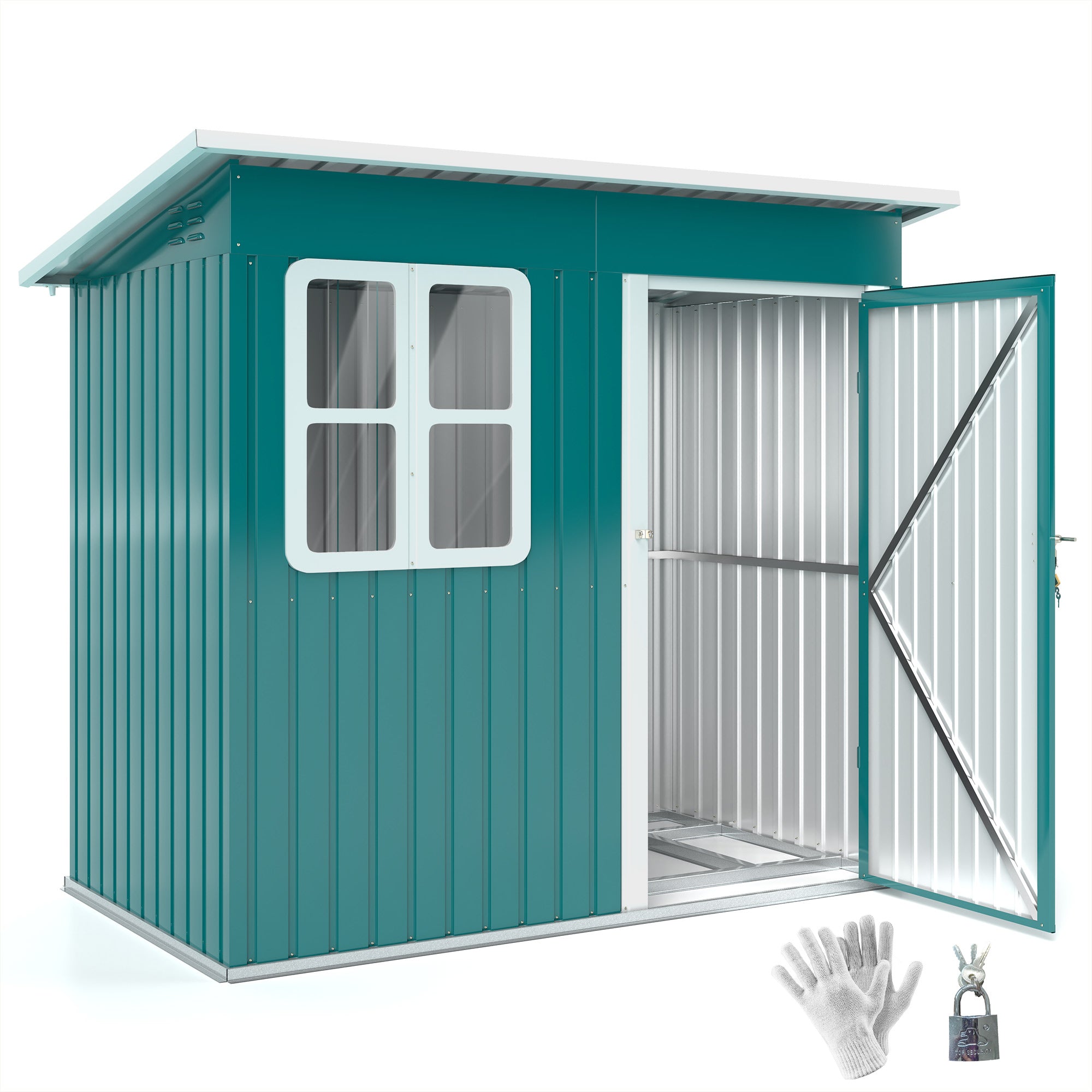 7 x 4ft Galvanised Steel Garden Shed, with Lock and Gloves - Green