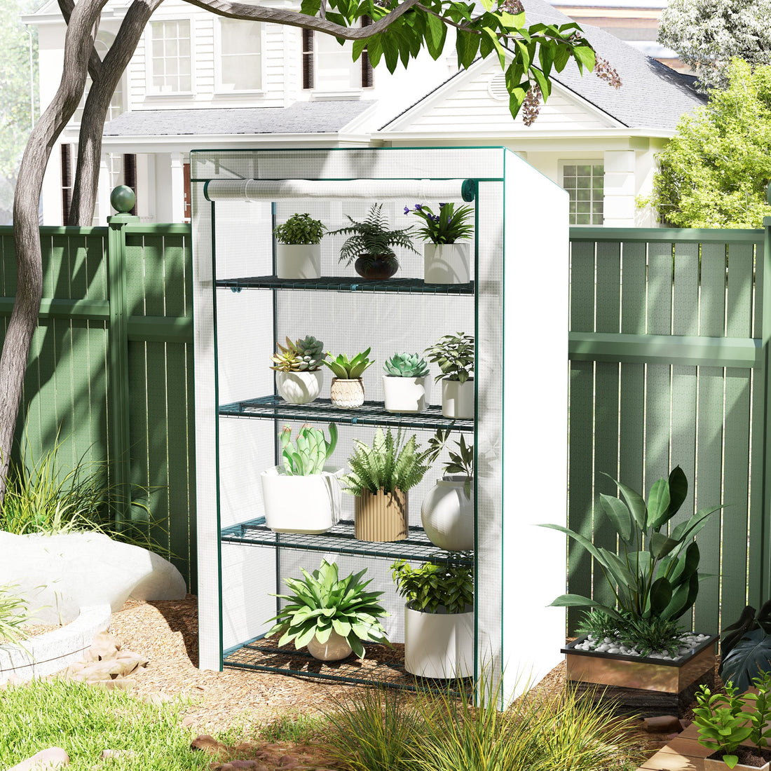 4 Tier Lean-to Mini Greenhouse with Reinforced PE Cover, Portable Small Greenhouse with Roll-Up Door, Green Hemmed Edging, 110 x 50 x 171cm, Green