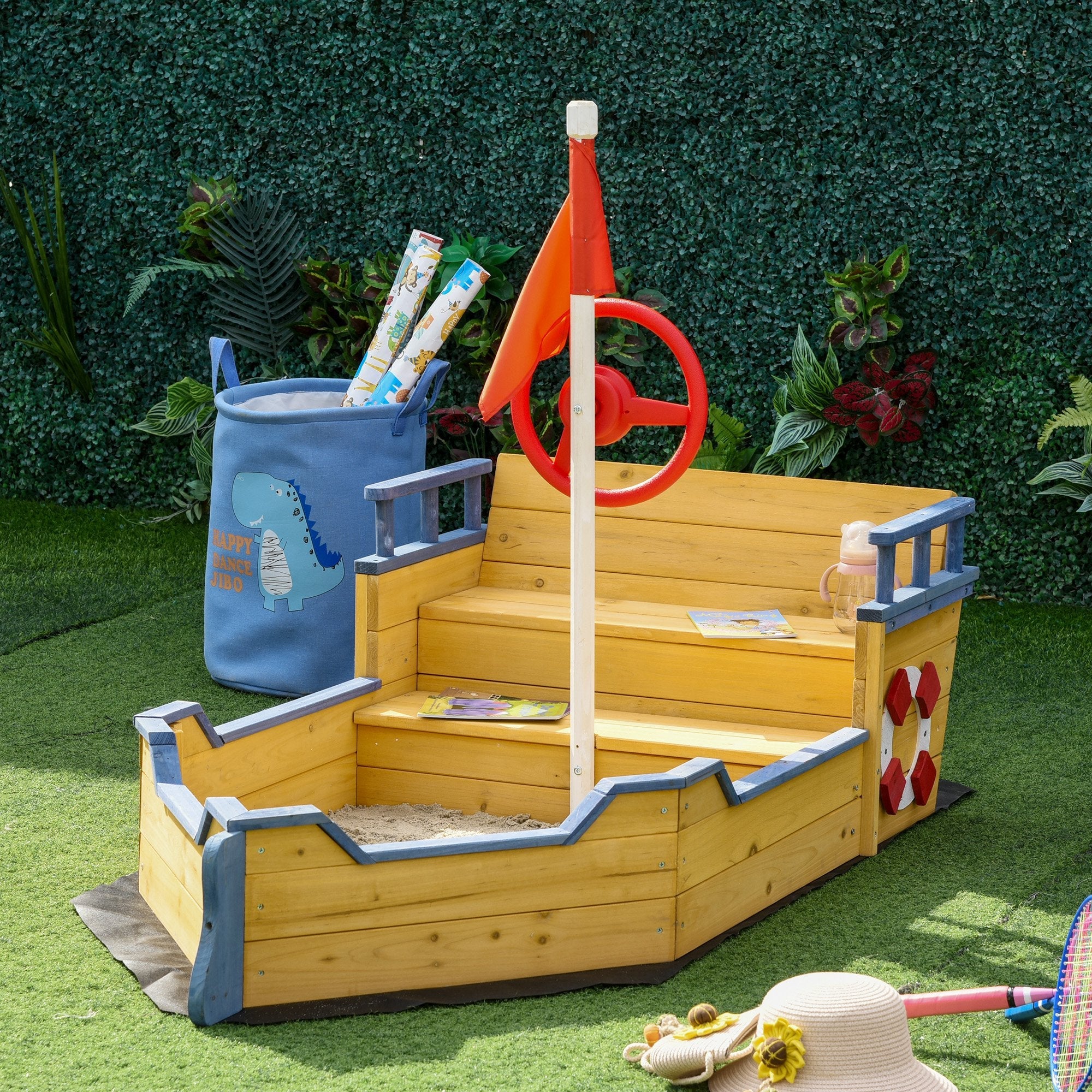 Sand pit Kids Children Sandpit Wooden Pirate Ship Sandboat Outdoor Backyard Playset w/Bench Bottom Liner