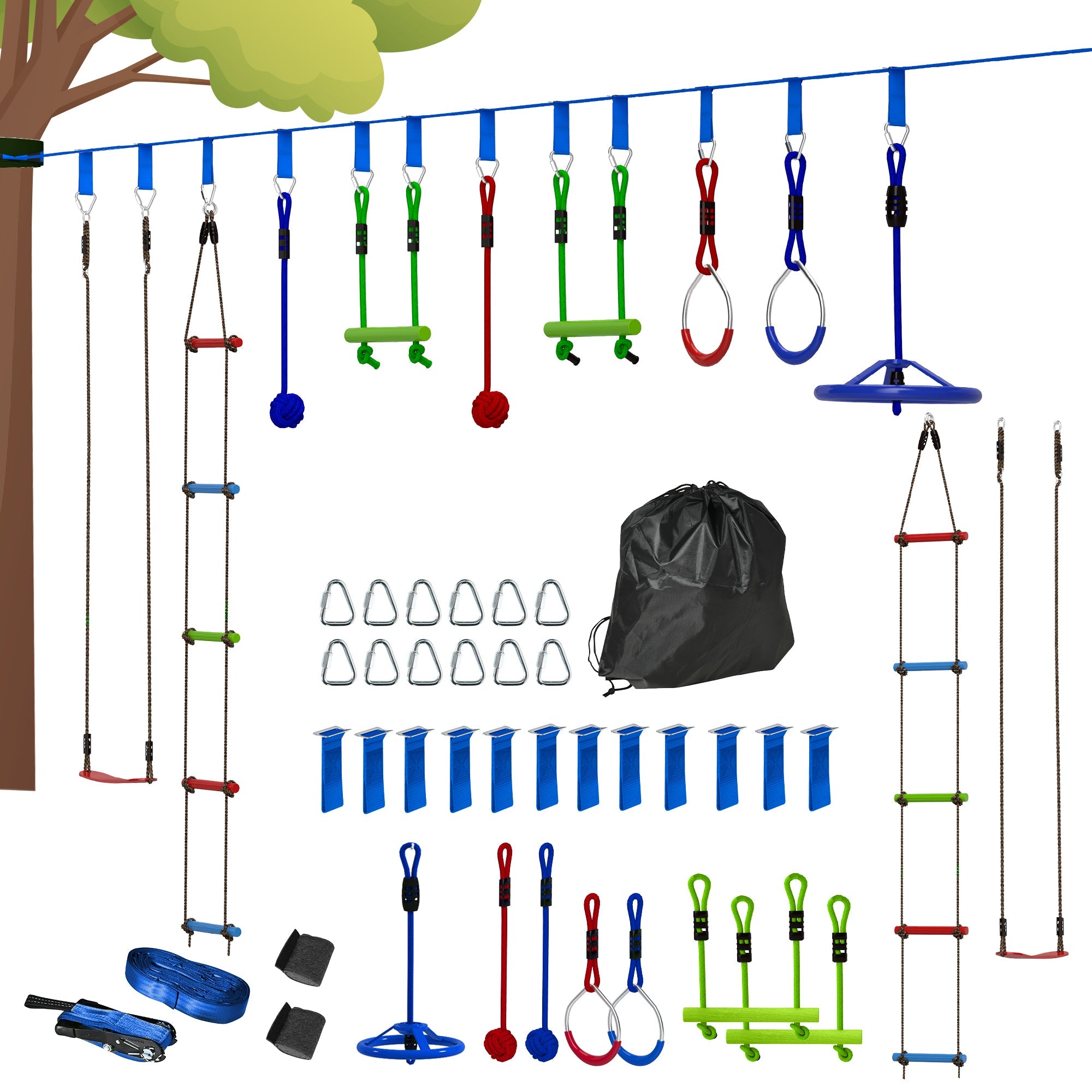 10 Piece Zip Line Kit for Kids with 10m Slackline, Monkey Bars, Swing, Climbing Ladder, Hanging Tray, Metal Rings