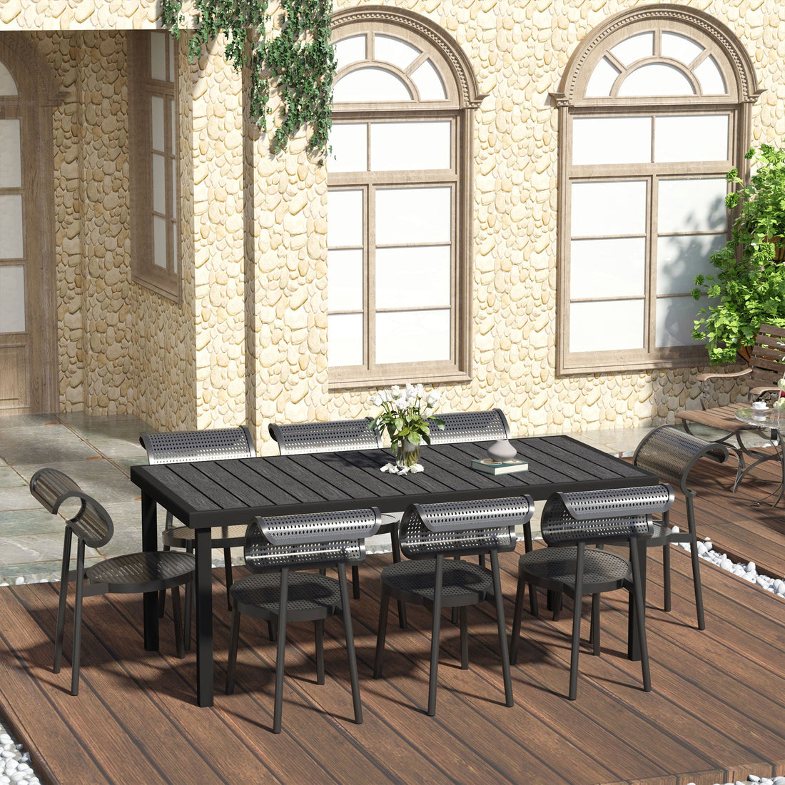 Aluminium Outdoor Garden Dining Table for 8 People, Faux Wood Top, for Garden, Patio, 190 x 90 x 74cm, Black