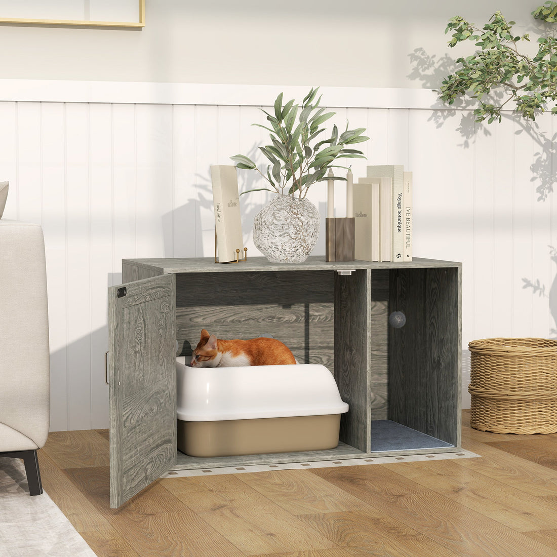 Cat Litter Box Enclosure with Rattan Door, Scratching Mat, Toy Ball, Non-Slip Foot Pads, Grey