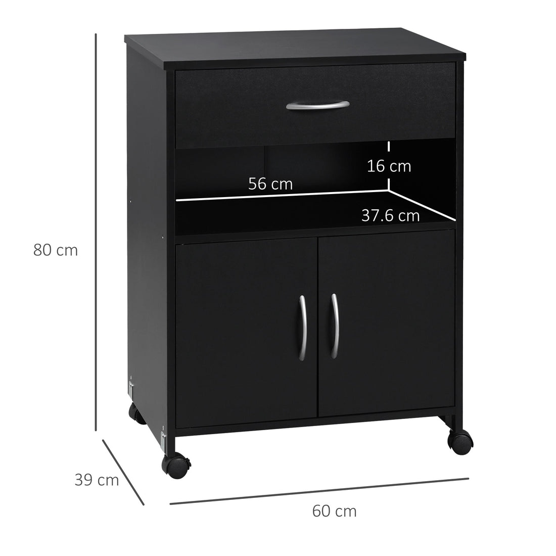 Printer Stand Mobile Printer Cabinet with Storage, Open Shelf, Drawer for Home Office, 60cm x 39cm x 80cm, Black