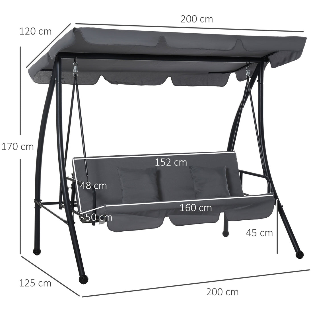 Outdoor 2-in-1 Swing Chair Lounger 3 Seater Garden Swing Seat Bed Convertible Tilt Canopy W/ Cushion, Dark Grey