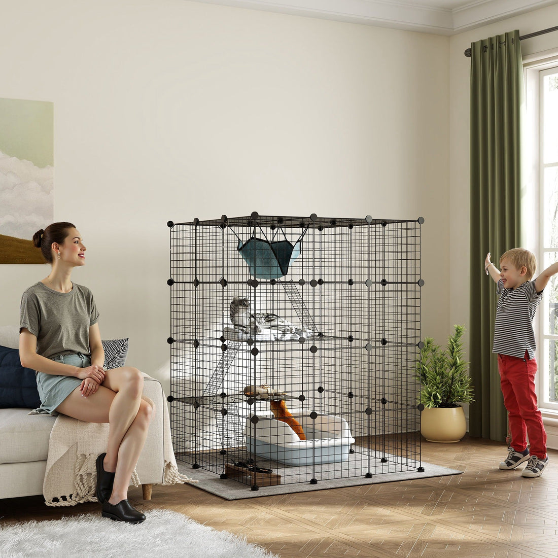 Steel Wire Cat Cage Indoor with Hammock, Ramps, Doors, DIY Cat Enclosure for 1-3 Cats, Black