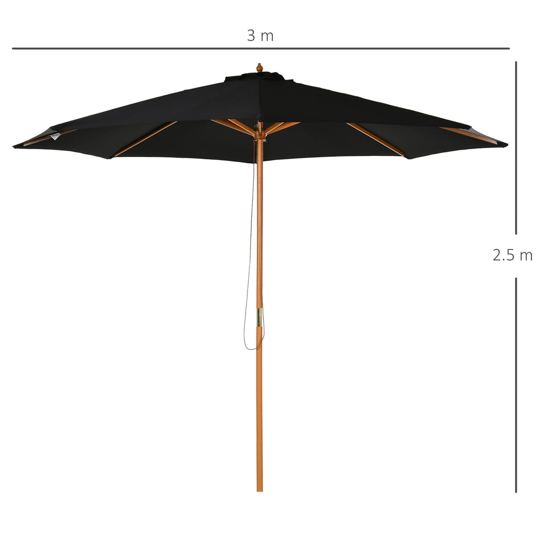 3(m) Garden Parasol, Pulley Operated Patio Umbrella, Wooden Table Market Umbrella with Rope Pulley Mechanism and 8 Ribs, Black