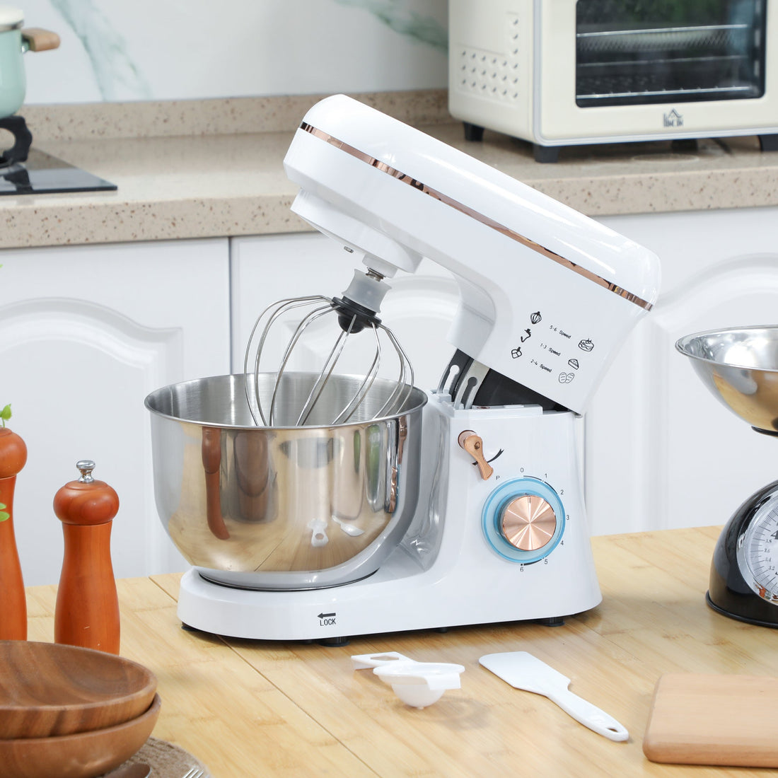 Stand Mixer, 5L Food Mixer for Baking, 6 Speeds and Pulse Setting, 1400W Cake Electric Kitchen Mixer with Dough Hook, Whisk, Stainless Steel Bowl, Splash Guard, Beater, White