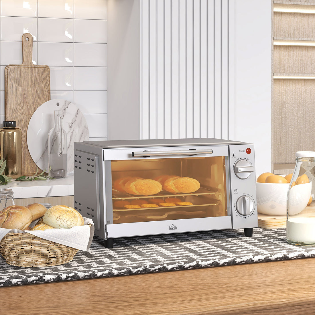 Mini Oven, 9L Countertop Electric Grill, Toaster Oven with Adjustable Temperature, Timer, Dishwasher Safe Baking Tray and Wire Rack, 750W, Silver