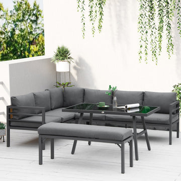  4 Piece L-shaped Garden Furniture Set 8-Seater Aluminium Outdoor Dining Set Conversation Sofa Set w/ Bench, Dining Table & Cushions, Grey